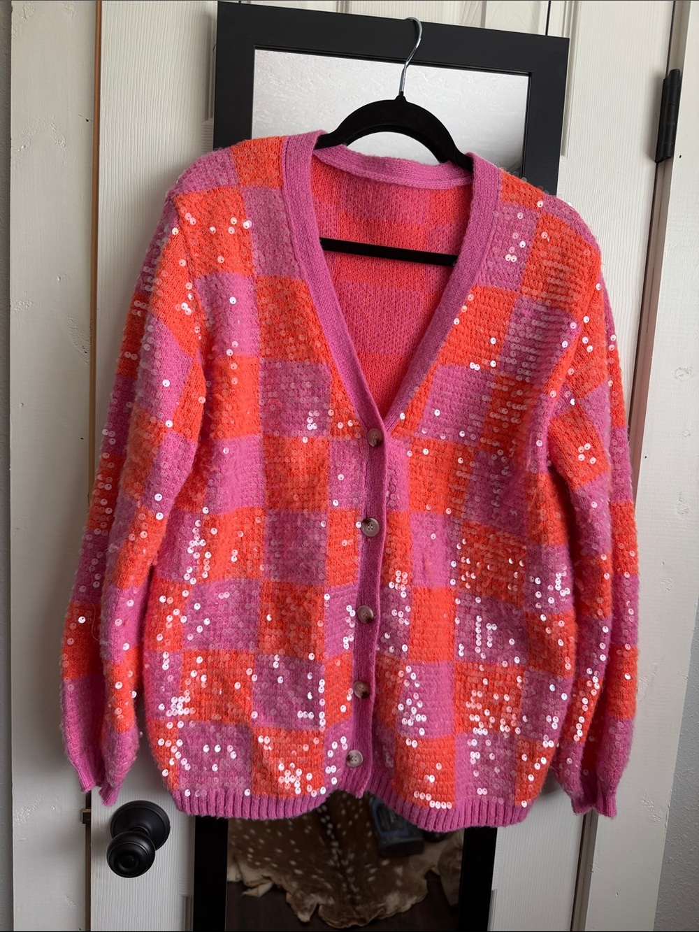 Source Unknown Pink & Orange Sequin Check V-Neck Cardigan
